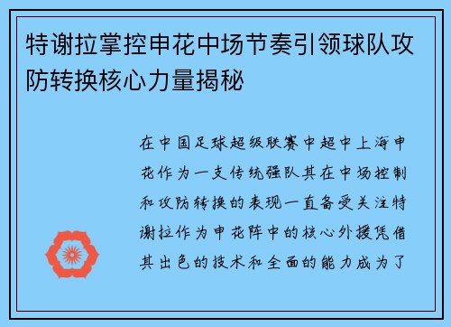 特谢拉掌控申花中场节奏引领球队攻防转换核心力量揭秘