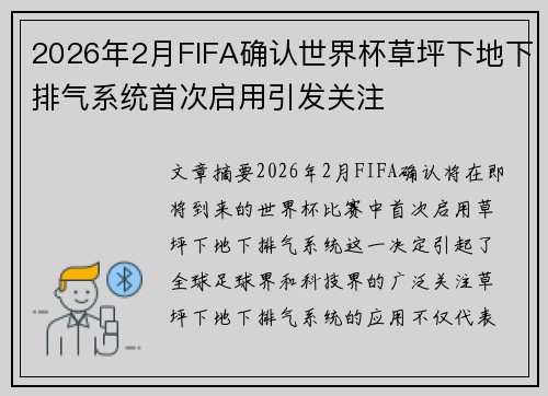 2026年2月FIFA确认世界杯草坪下地下排气系统首次启用引发关注